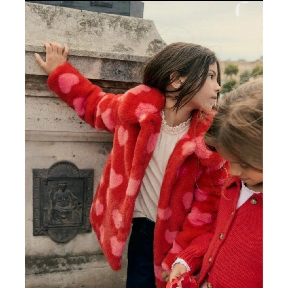 Mini Boden Girls Kids Faux Fur Collared Coat with Hearts design size 6/7 New WT